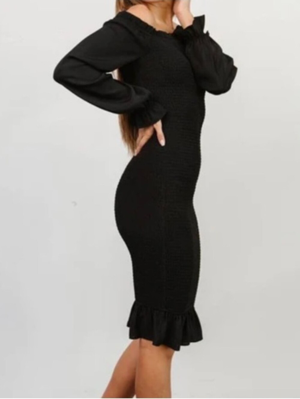 Baltic Born Esther Smocked Midi Dress Bodycon Off Shoulder Black XS